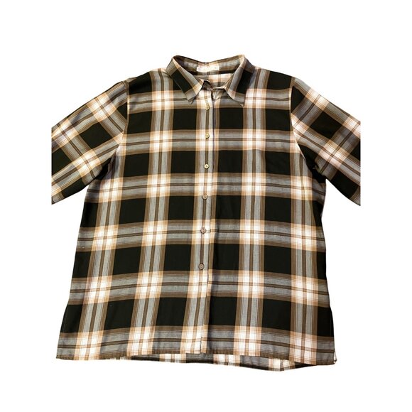 Foxcroft Blouse Women’s 16 Black Brown Cream Plaid Wrinkle Free Used Career - Picture 6 of 11